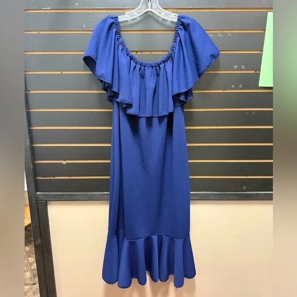 LuLaRoe Cici Ruffle Neck Stretch Dress Blue Size 2XL - Picture 1 of 3